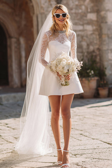 White Long Sleeve A Line Lace Short Engagement Dress